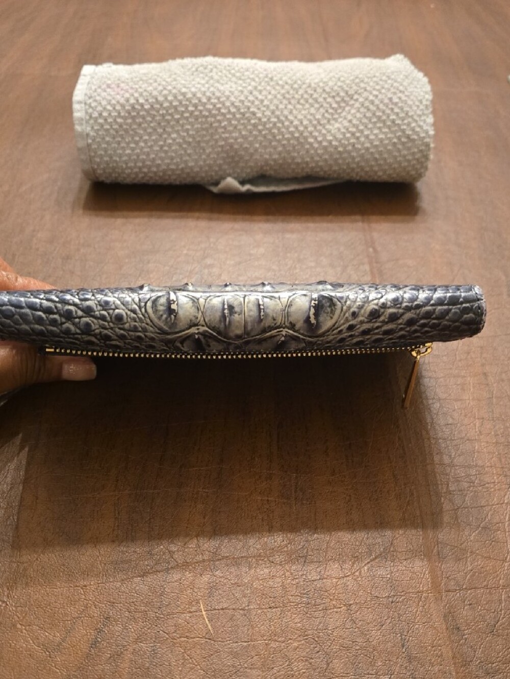 Brahmin Metallic Gray And Blue Croc-Embossed Wallet with Gold Plate - Picture 4 of 16